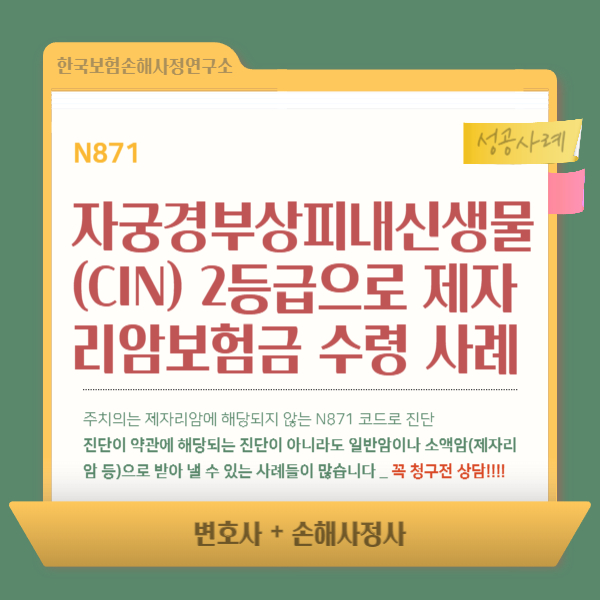 N871, 자궁경부상피내신생물(CIN) 2등급으로 제자리암보험금 수령 사례