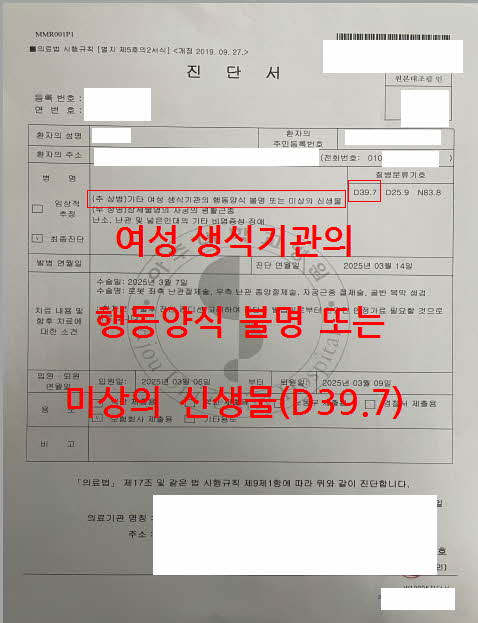 여성 생식기관의 행동양식 불명 또는 미상의 신생물(D39.7)