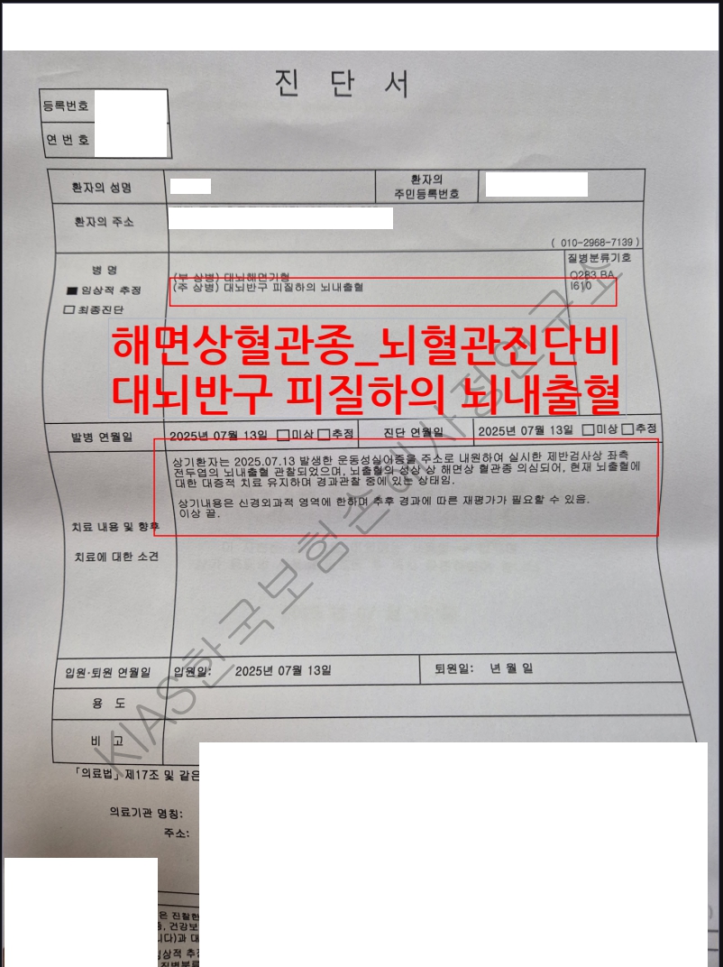 해면상 혈관종 으로 인한 뇌출혈, 뇌혈관질환진단비 전액 수령 후기
